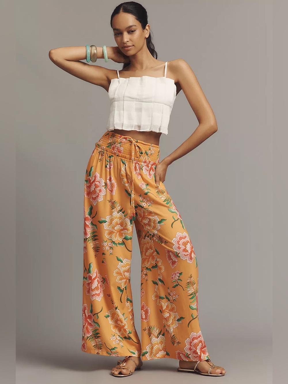 Farm Rio x Anthropologie smocked drawstring floral wide leg pants Orange XS